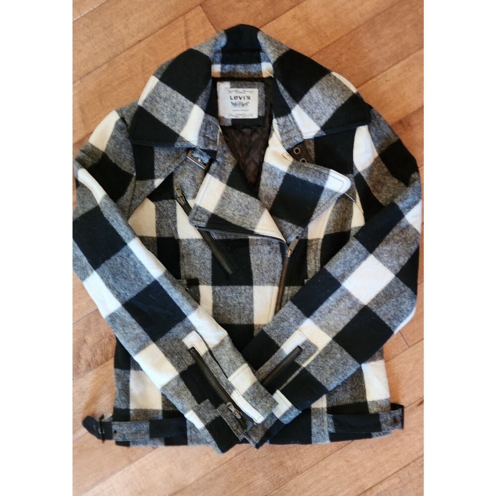 Levi's Women's Wool Blend Plaid Moto Jacket in a black and white checkered Med.